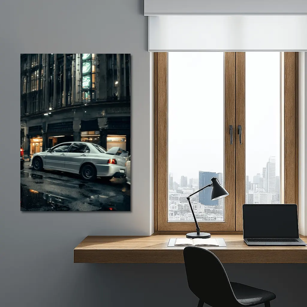 Mitsubishi Lancer Evo Rainy City Street Night – Wall Art