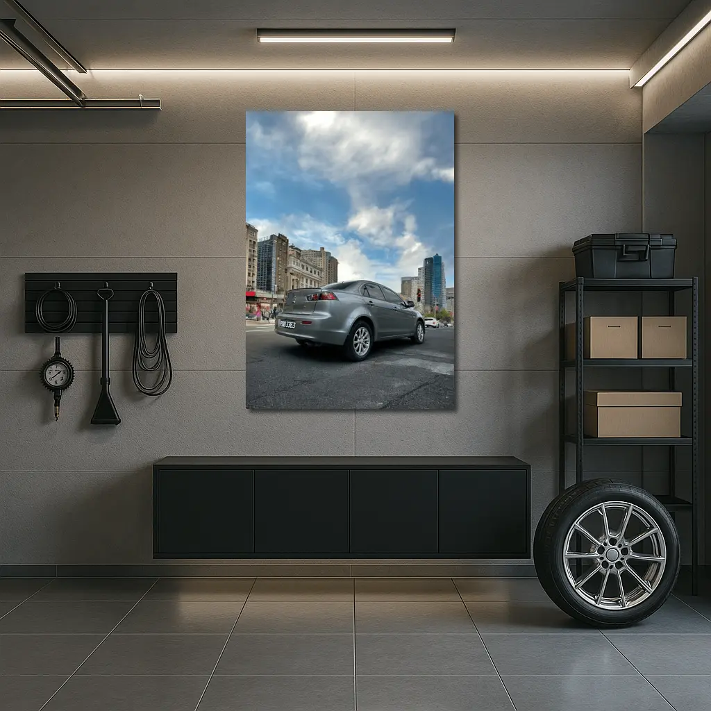 Mitsubishi Lancer Gray Sedan City Street – Wall Art