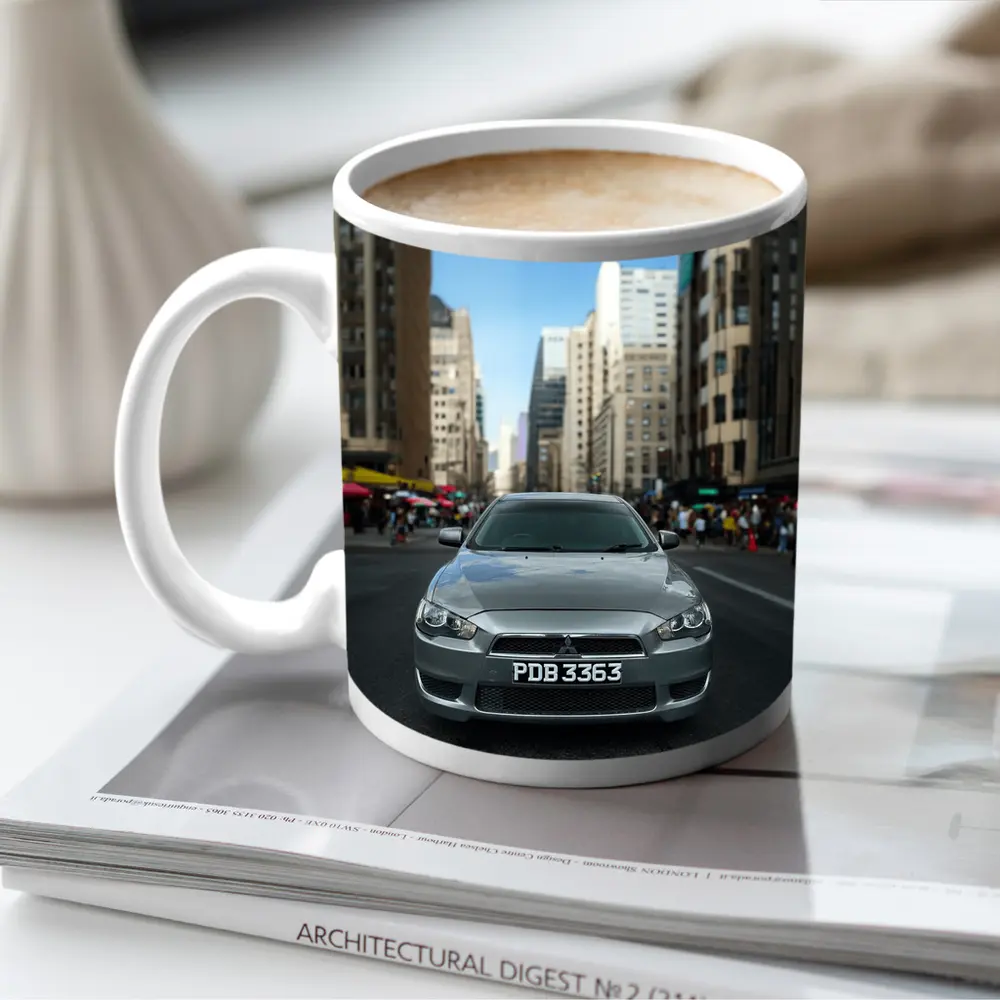 Mitsubishi Lancer Gray City Street Front View – Mugs