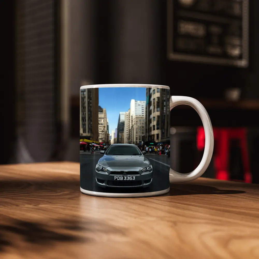 Mitsubishi Lancer Gray City Street Front View – Mugs