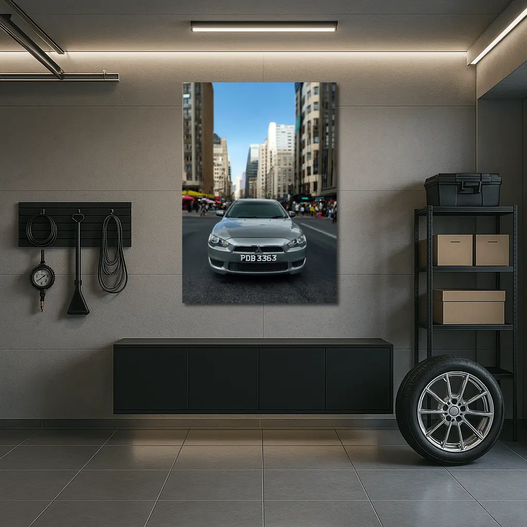 Mitsubishi Lancer Gray City Street Front View – Wall Art