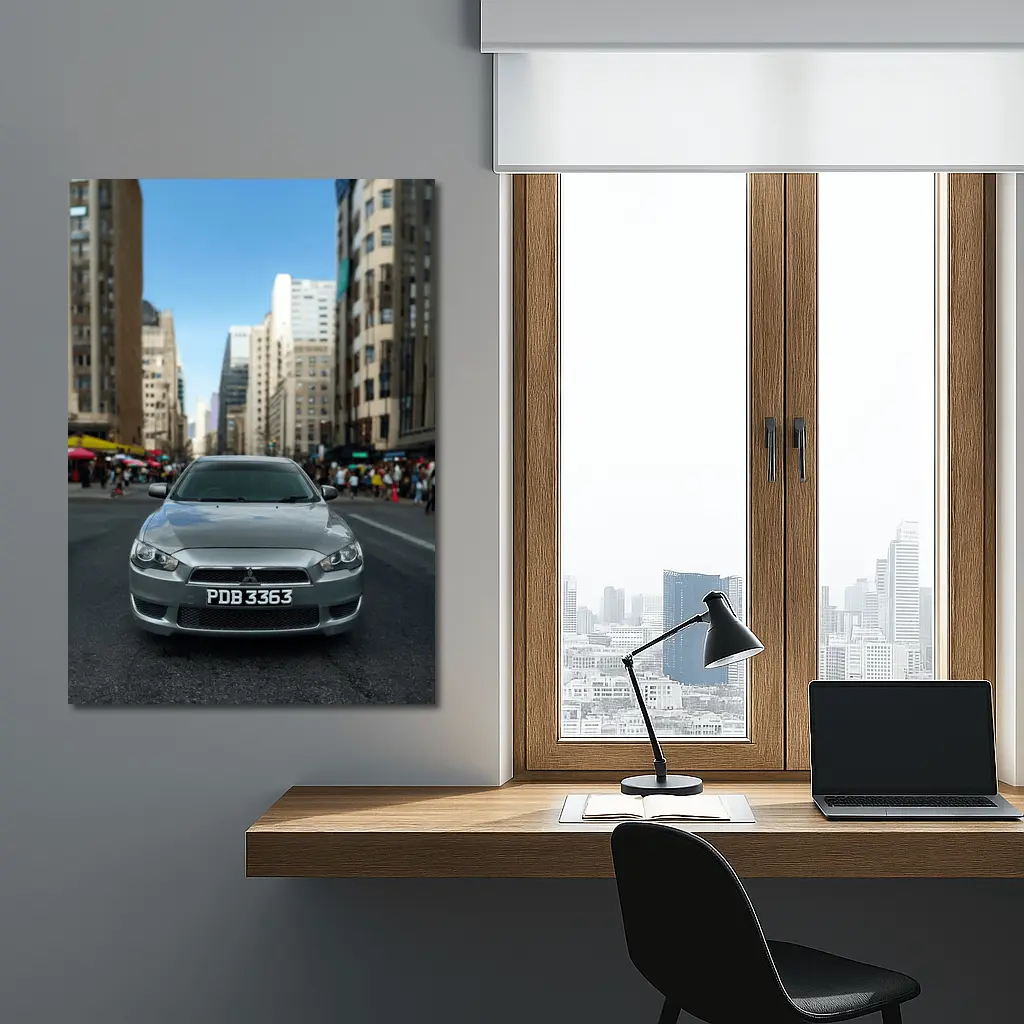 Mitsubishi Lancer Gray City Street Front View – Wall Art