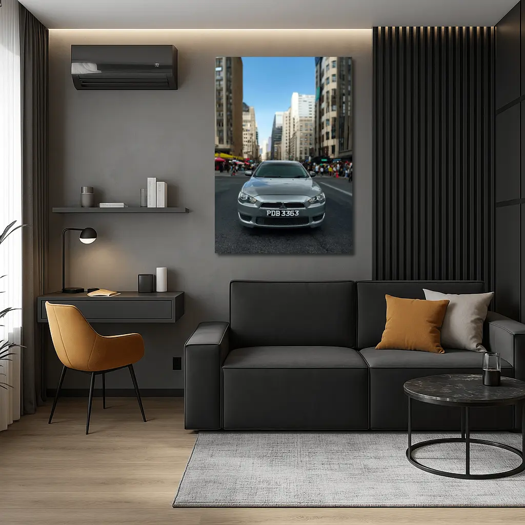 Mitsubishi Lancer Gray City Street Front View – Wall Art