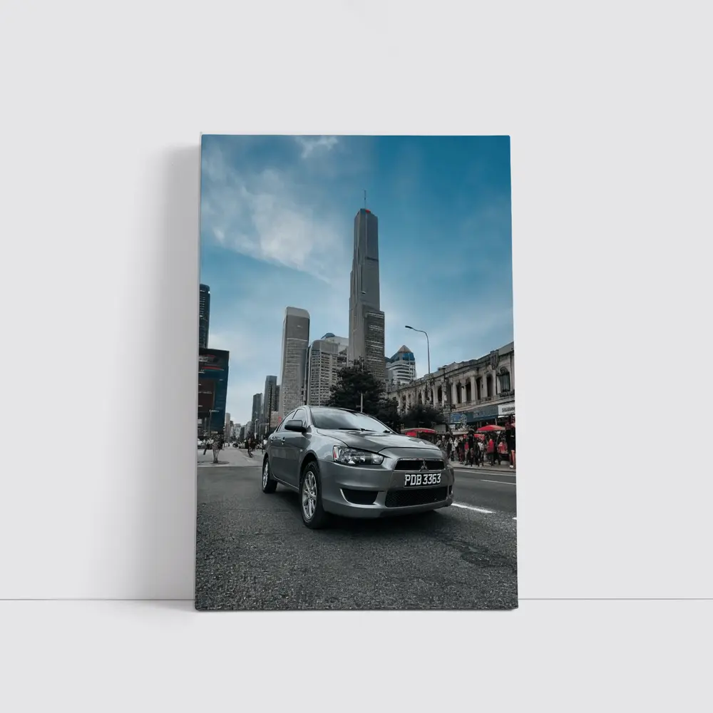 Mitsubishi Lancer Gray Car City Skyline – Wall Art
