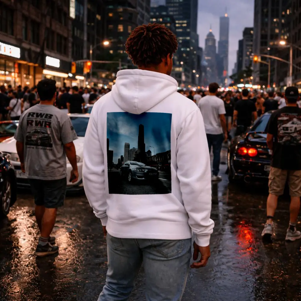 Mitsubishi Lancer Gray Car City Skyline – Hoodies
