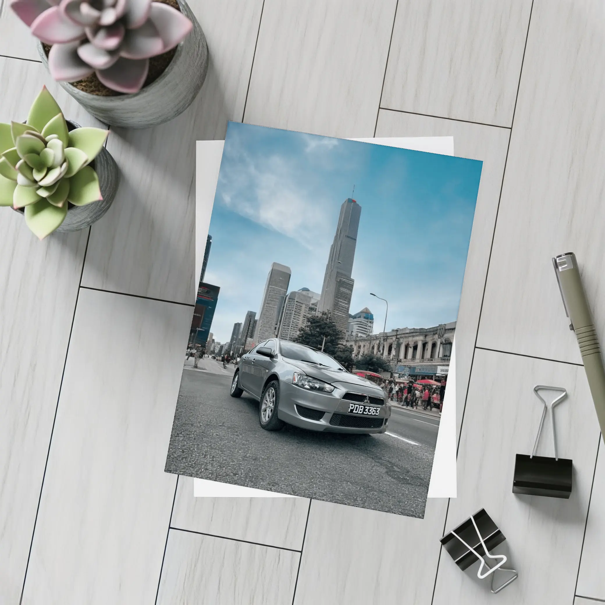 Mitsubishi Lancer Gray Car City Skyline – Postcards
