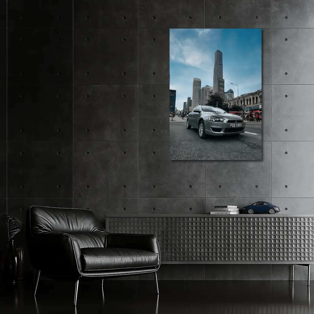 Mitsubishi Lancer Gray Car City Skyline – Wall Art
