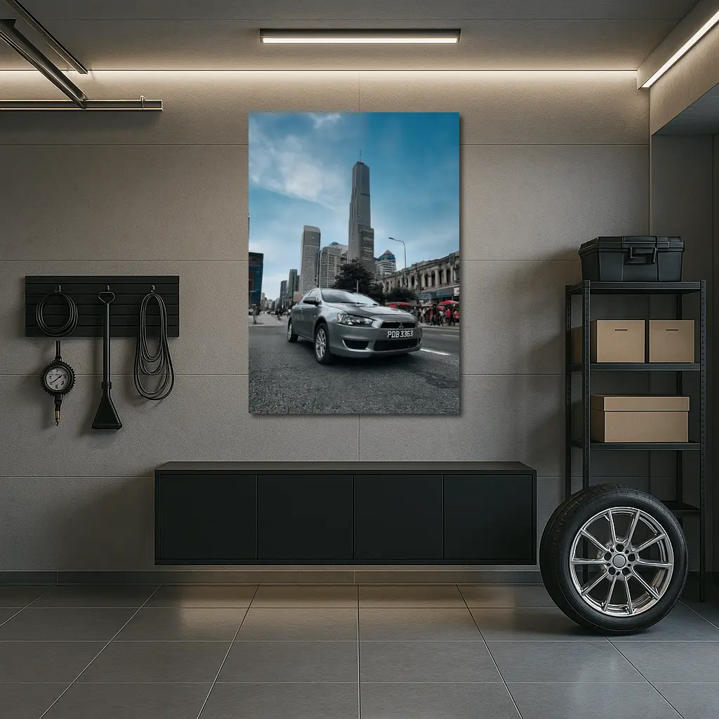 Mitsubishi Lancer Gray Car City Skyline – Wall Art