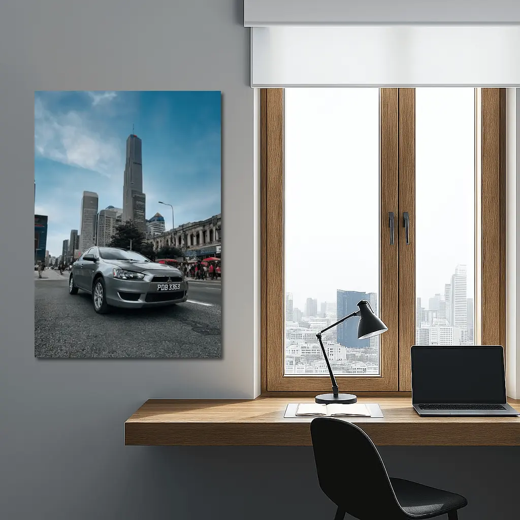 Mitsubishi Lancer Gray Car City Skyline – Wall Art
