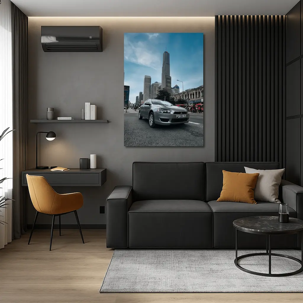 Mitsubishi Lancer Gray Car City Skyline – Wall Art