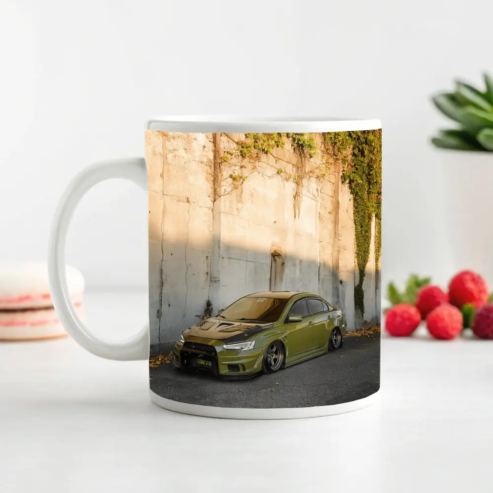 Mitsubishi Lancer Evo Olive Green Street Wall – Mugs