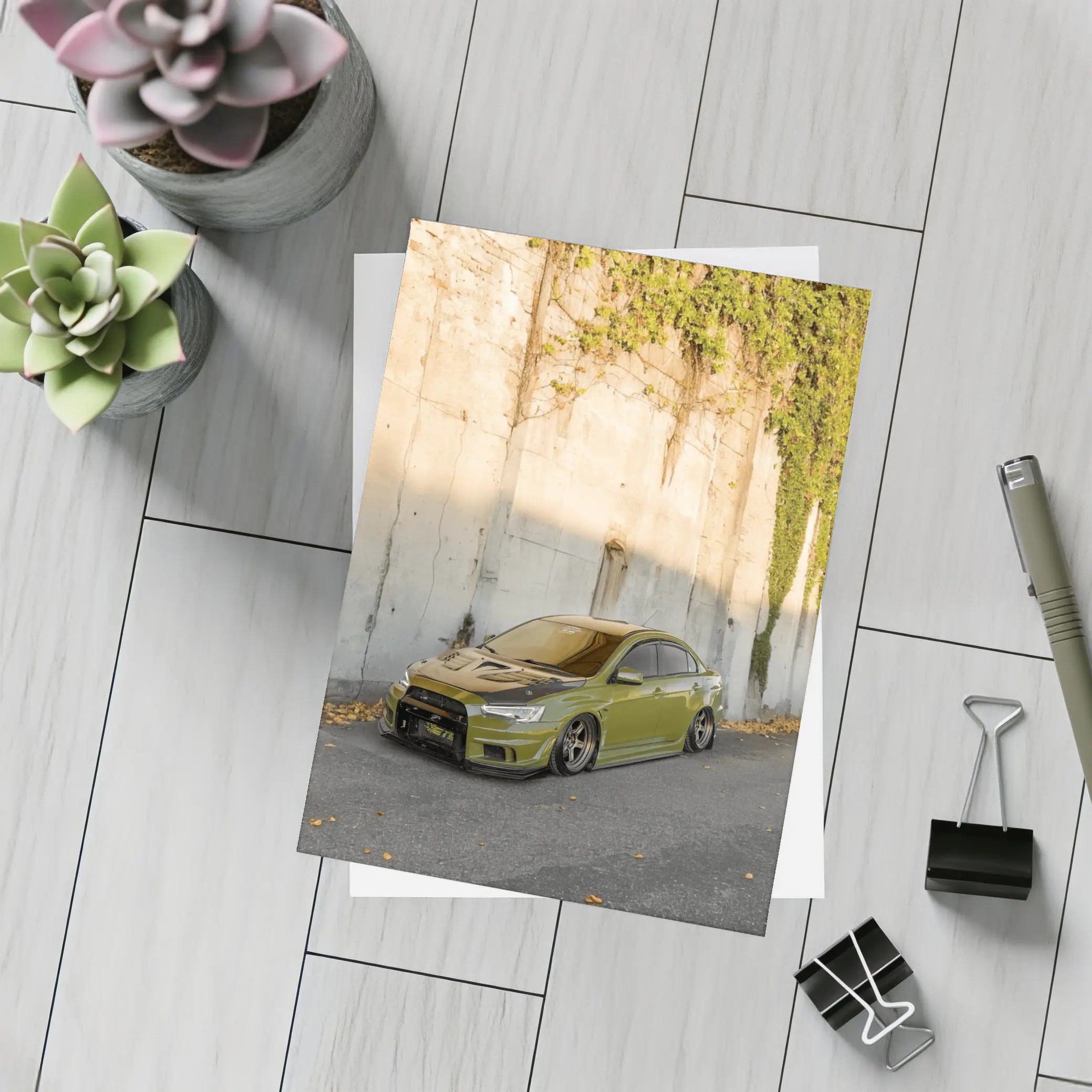 Mitsubishi Lancer Evo Olive Green Street Wall – Postcards