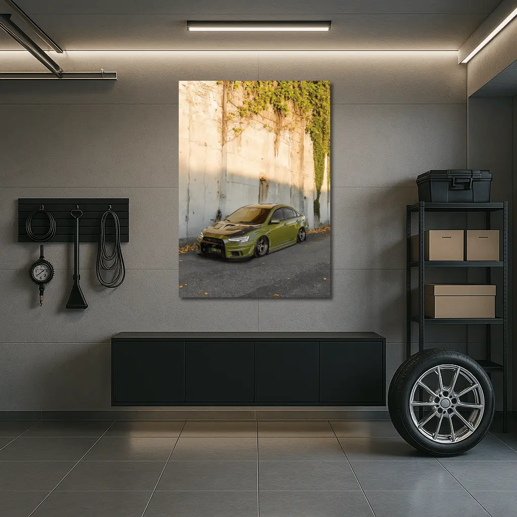 Mitsubishi Lancer Evo Olive Green Street Wall – Wall Art