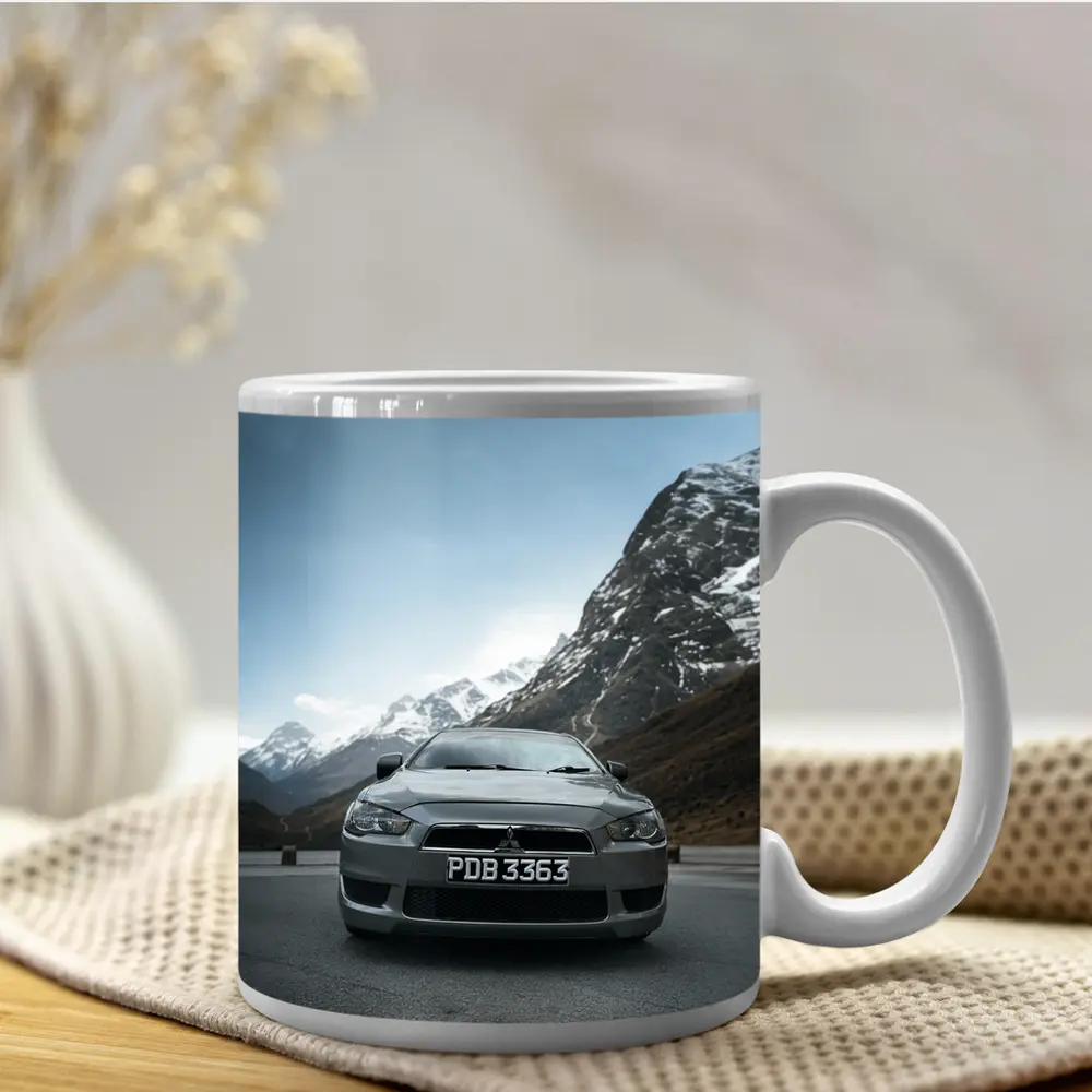 Mitsubishi Lancer Gray Car Mountain Road – Mugs