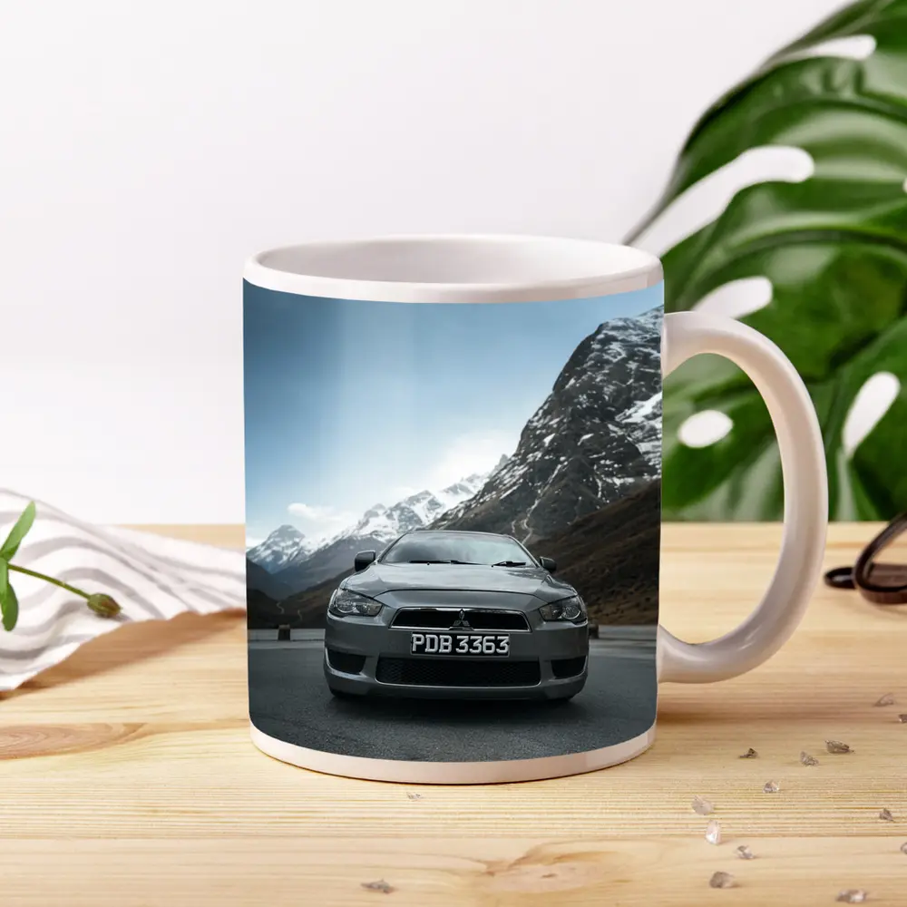 Mitsubishi Lancer Gray Car Mountain Road – Mugs