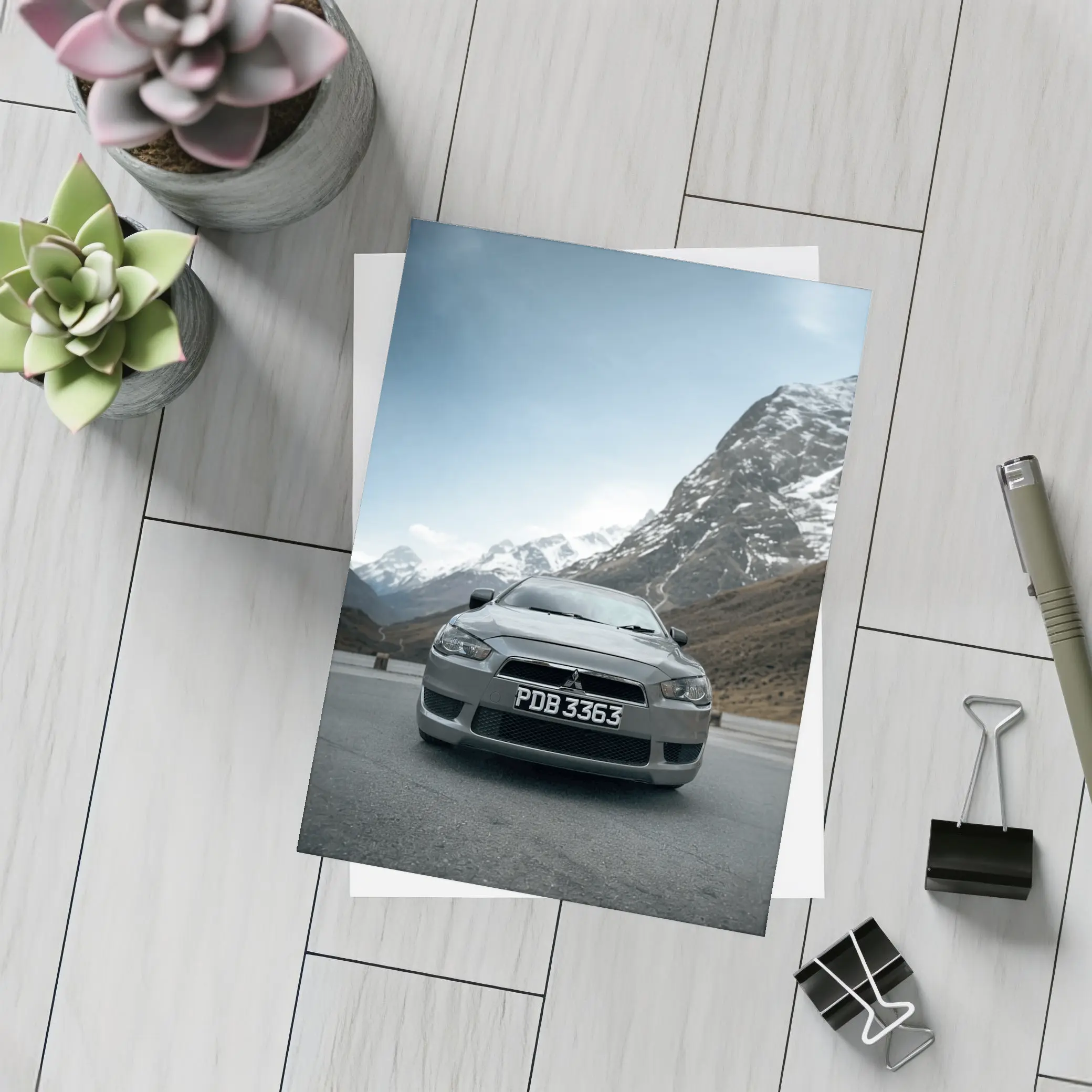Mitsubishi Lancer Gray Car Mountain Road – Postcards