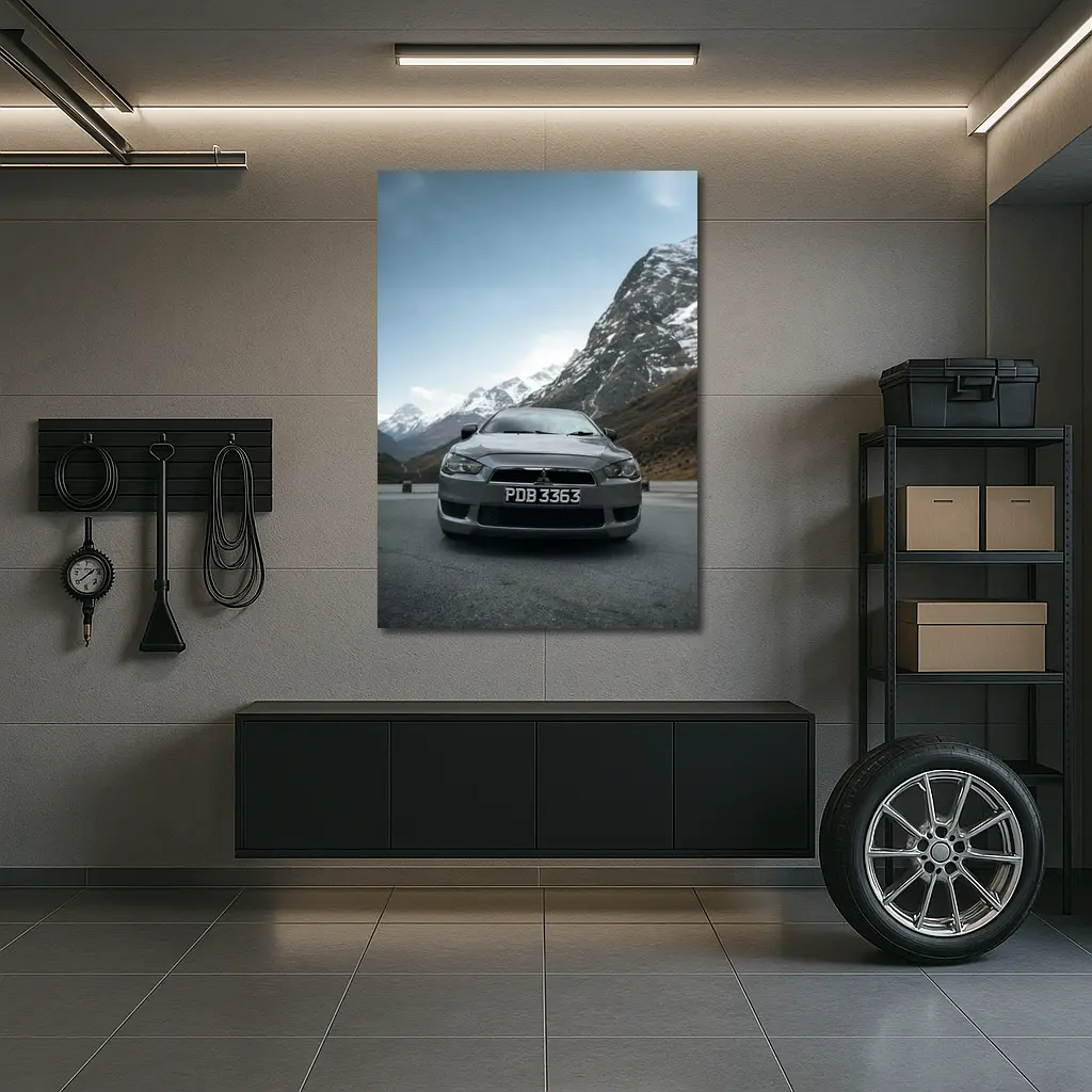 Mitsubishi Lancer Gray Car Mountain Road – Wall Art