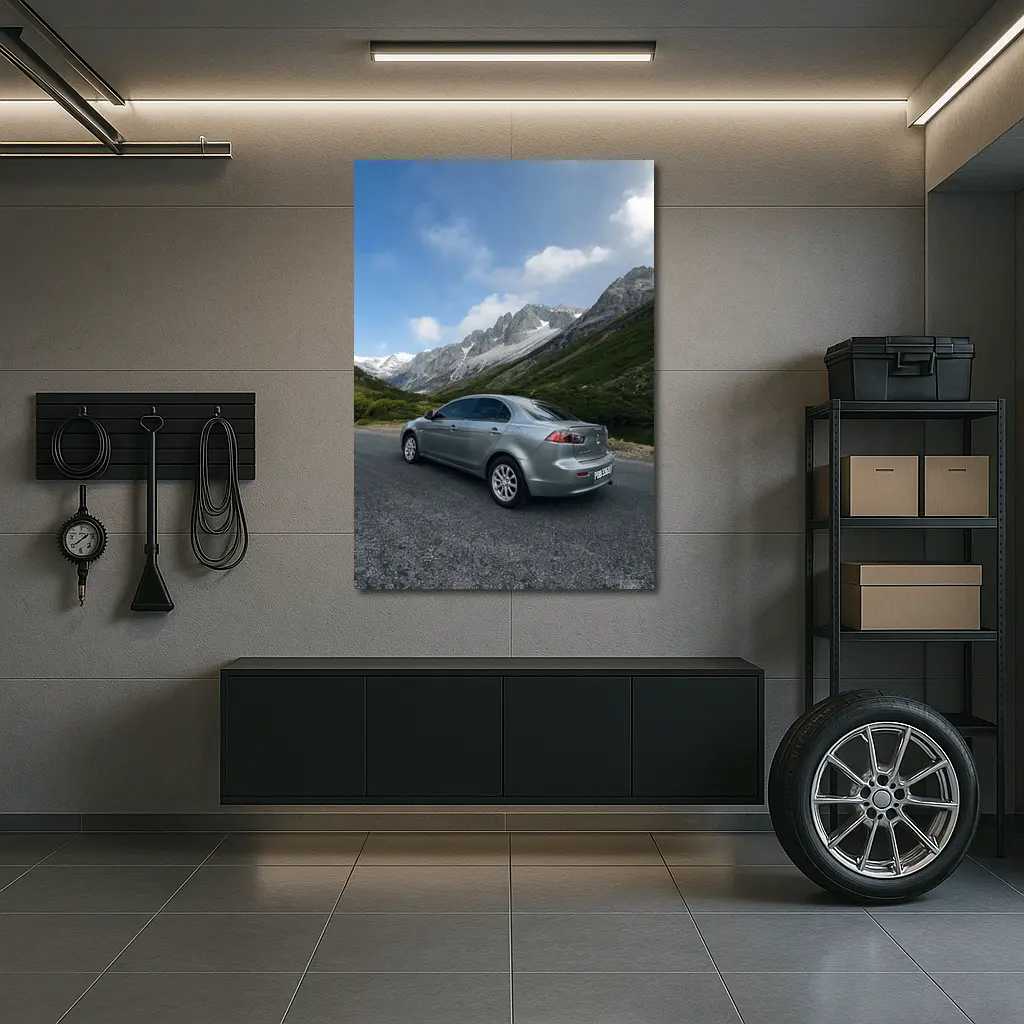 Mitsubishi Lancer Gray Mountain Road Scene – Wall Art