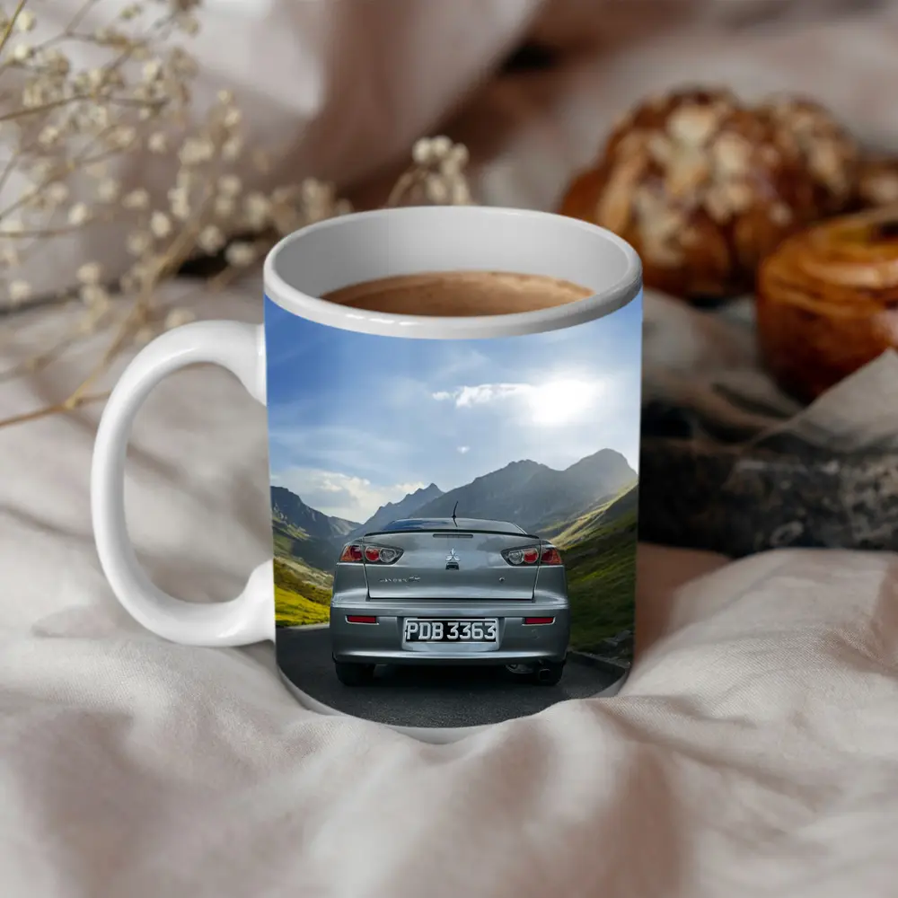 Mitsubishi Lancer Gray Car Mountain Road – Mugs