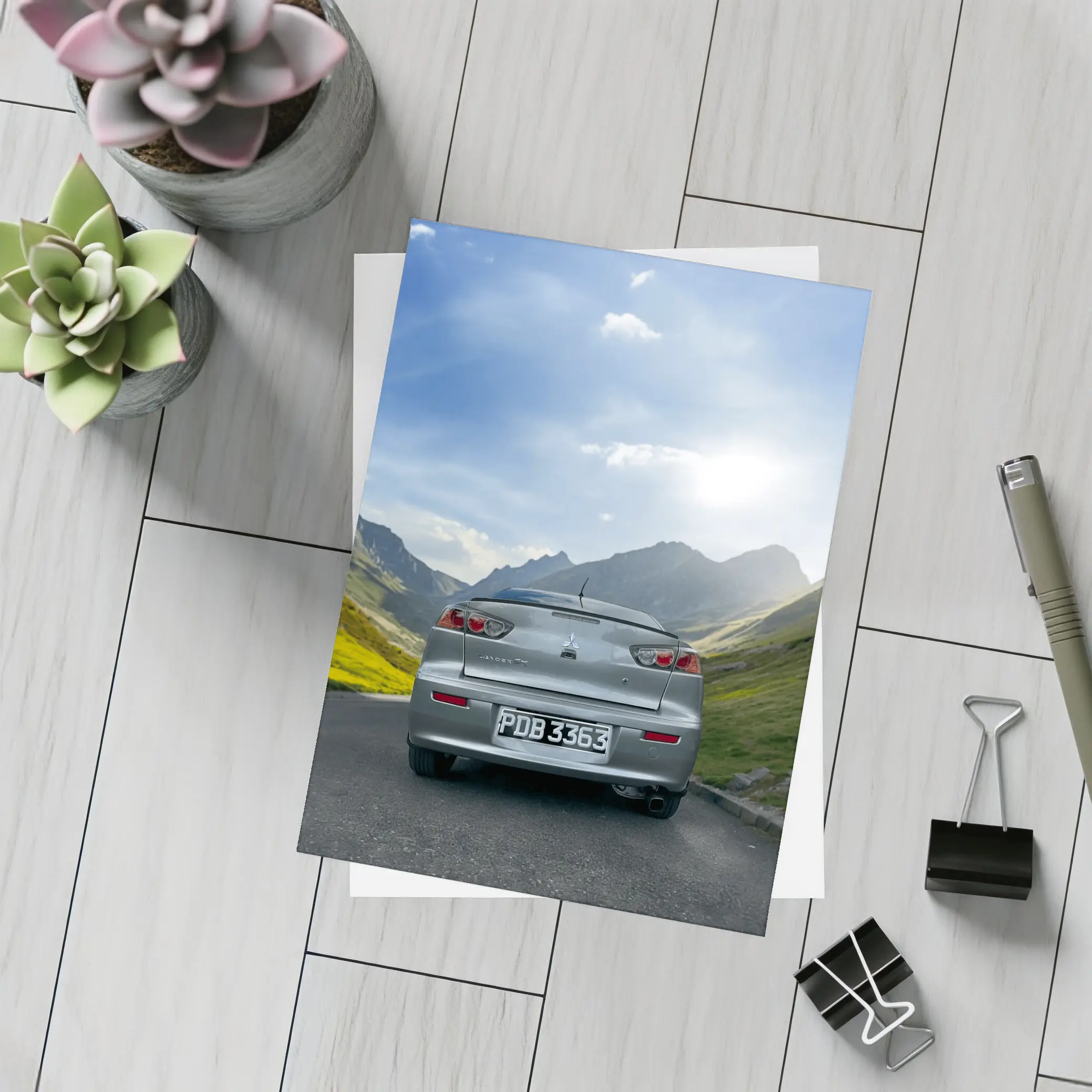 Mitsubishi Lancer Gray Car Mountain Road – Postcards