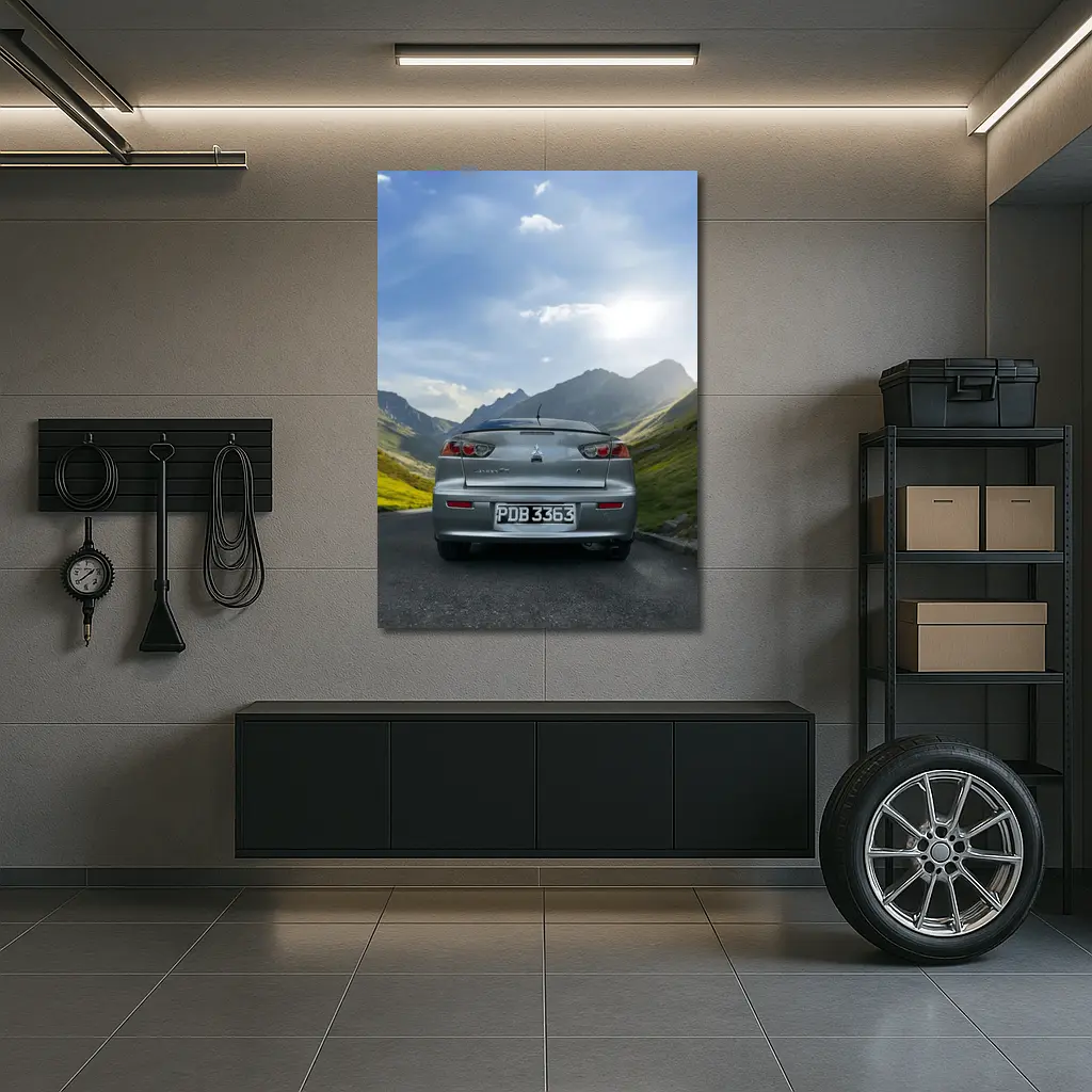 Mitsubishi Lancer Gray Car Mountain Road – Wall Art