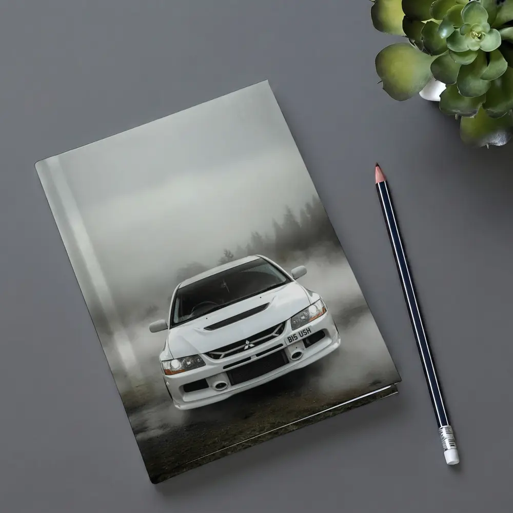 Mitsubishi Lancer Evolution White Foggy Forest – Notebooks