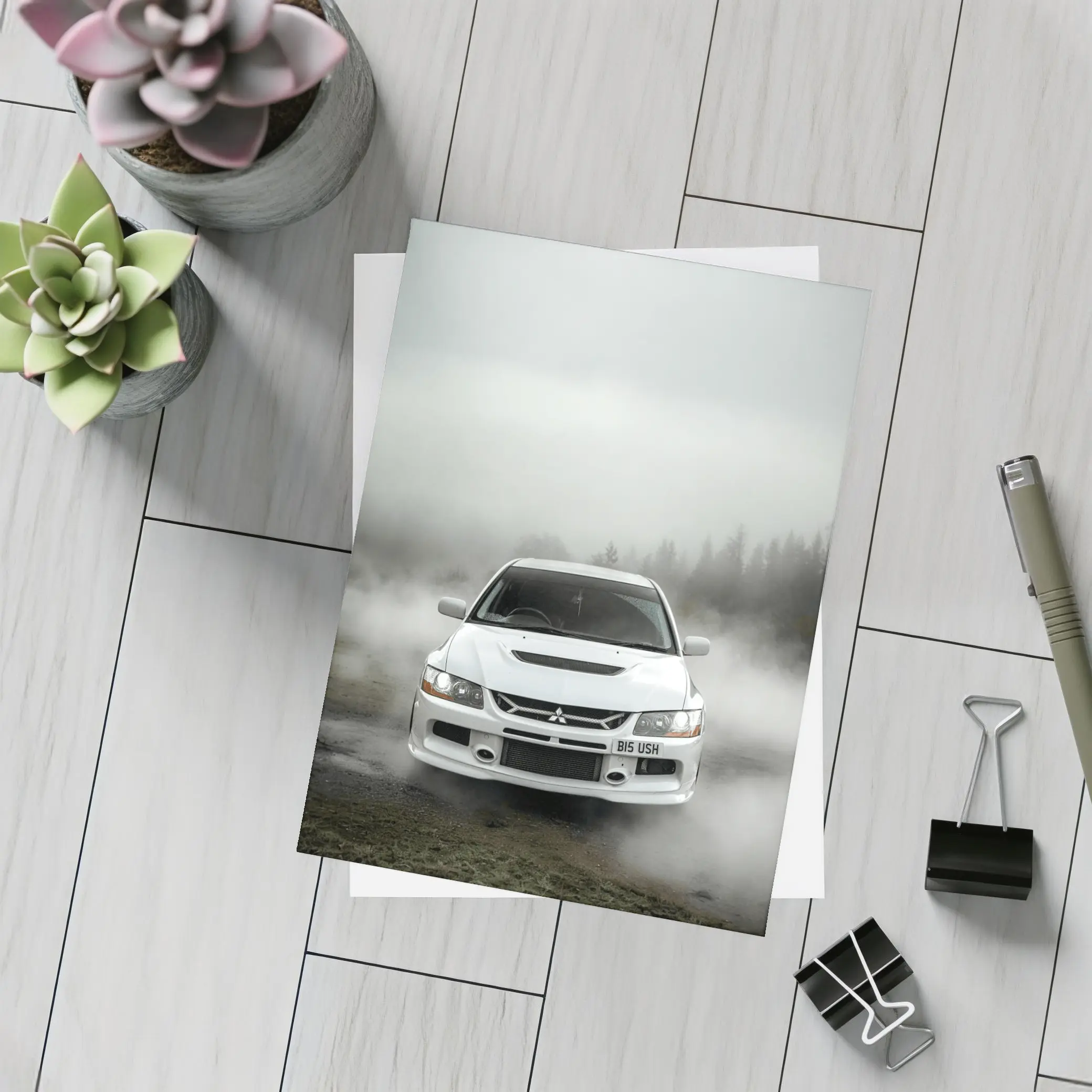 Mitsubishi Lancer Evolution White Foggy Forest – Postcards