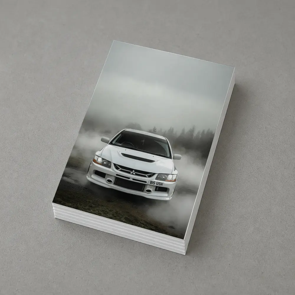Mitsubishi Lancer Evolution White Foggy Forest – Postcards