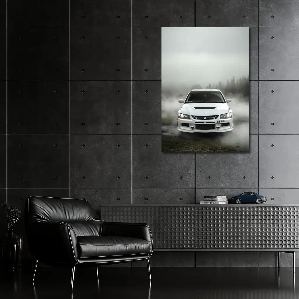 Mitsubishi Lancer Evolution White Foggy Forest – Wall Art