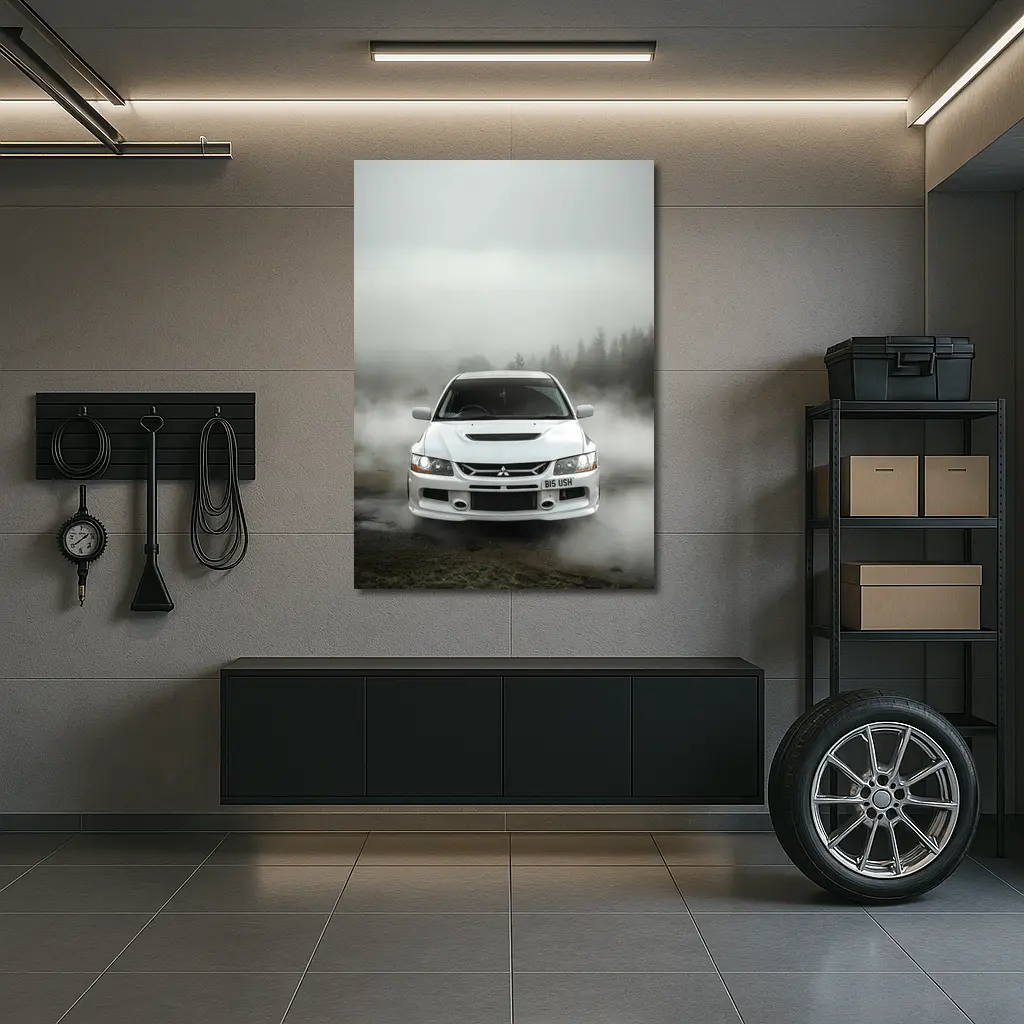 Mitsubishi Lancer Evolution White Foggy Forest – Wall Art