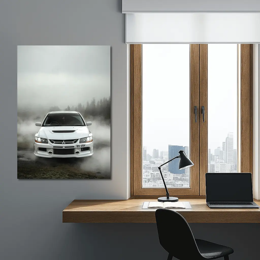 Mitsubishi Lancer Evolution White Foggy Forest – Wall Art