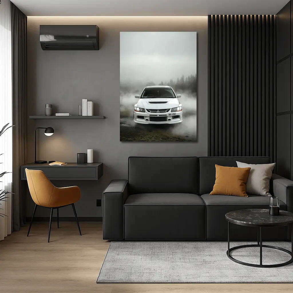 Mitsubishi Lancer Evolution White Foggy Forest – Wall Art