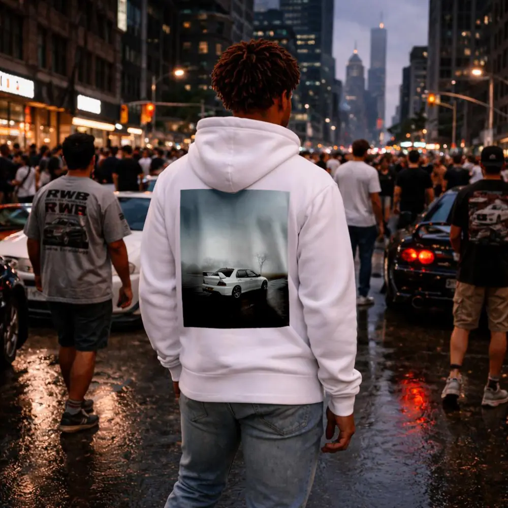 Mitsubishi Lancer Evolution White Foggy Day – Hoodies
