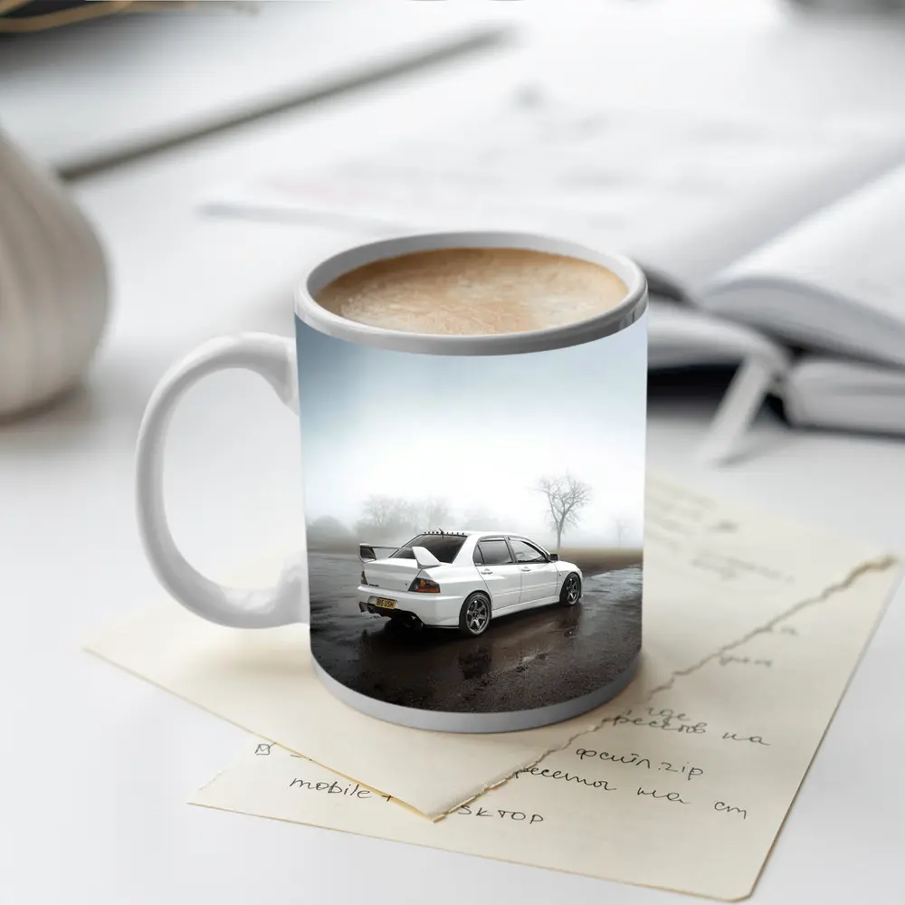 Mitsubishi Lancer Evolution White Foggy Day – Mugs
