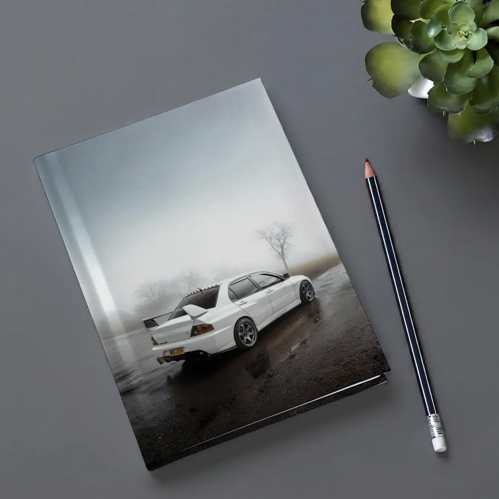 Mitsubishi Lancer Evolution White Foggy Day – Notebooks