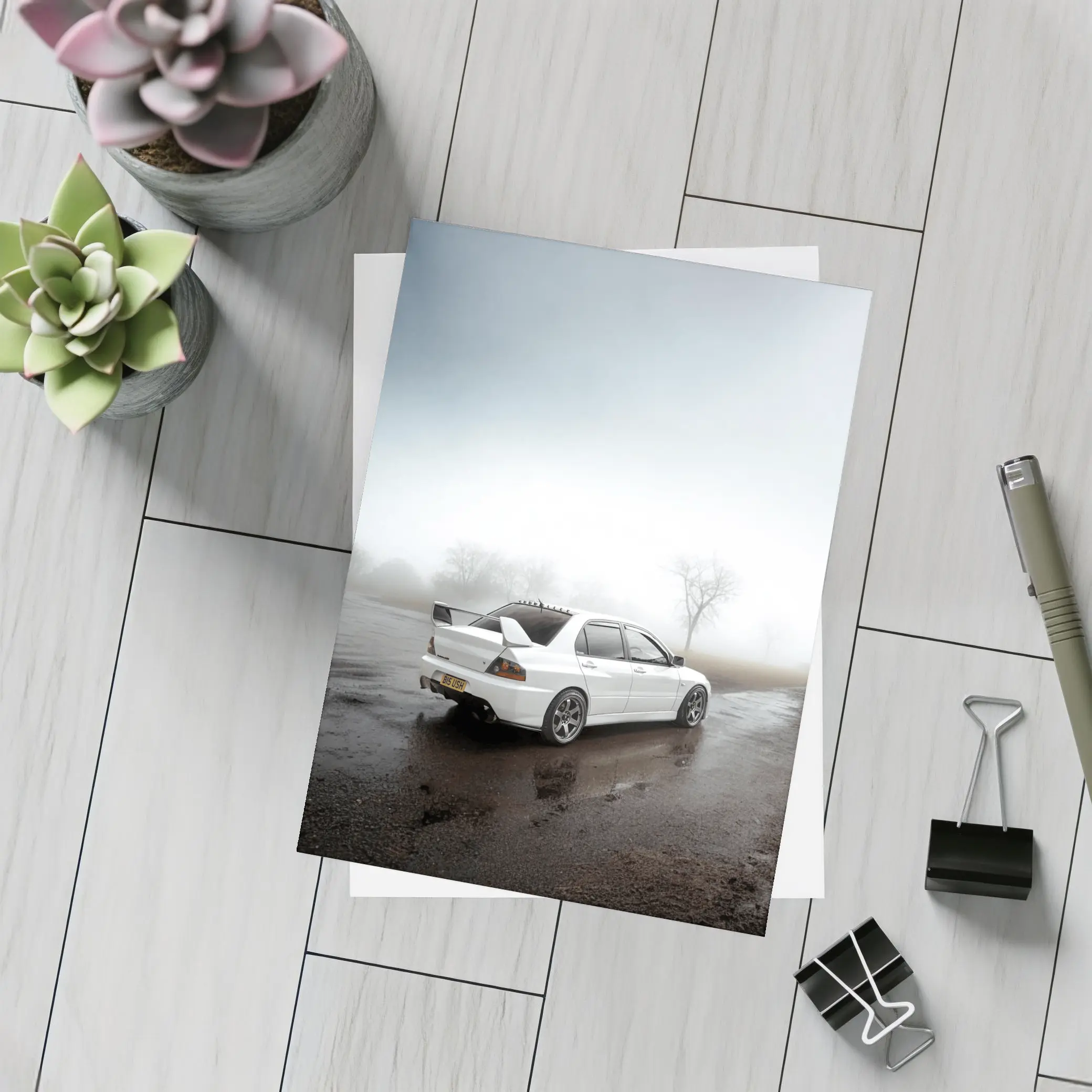 Mitsubishi Lancer Evolution White Foggy Day – Postcards