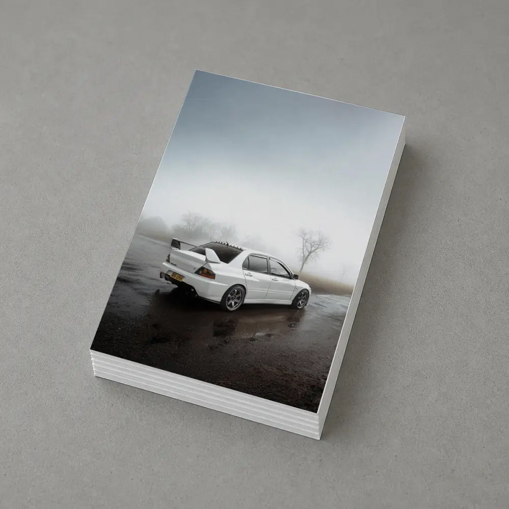 Mitsubishi Lancer Evolution White Foggy Day – Postcards
