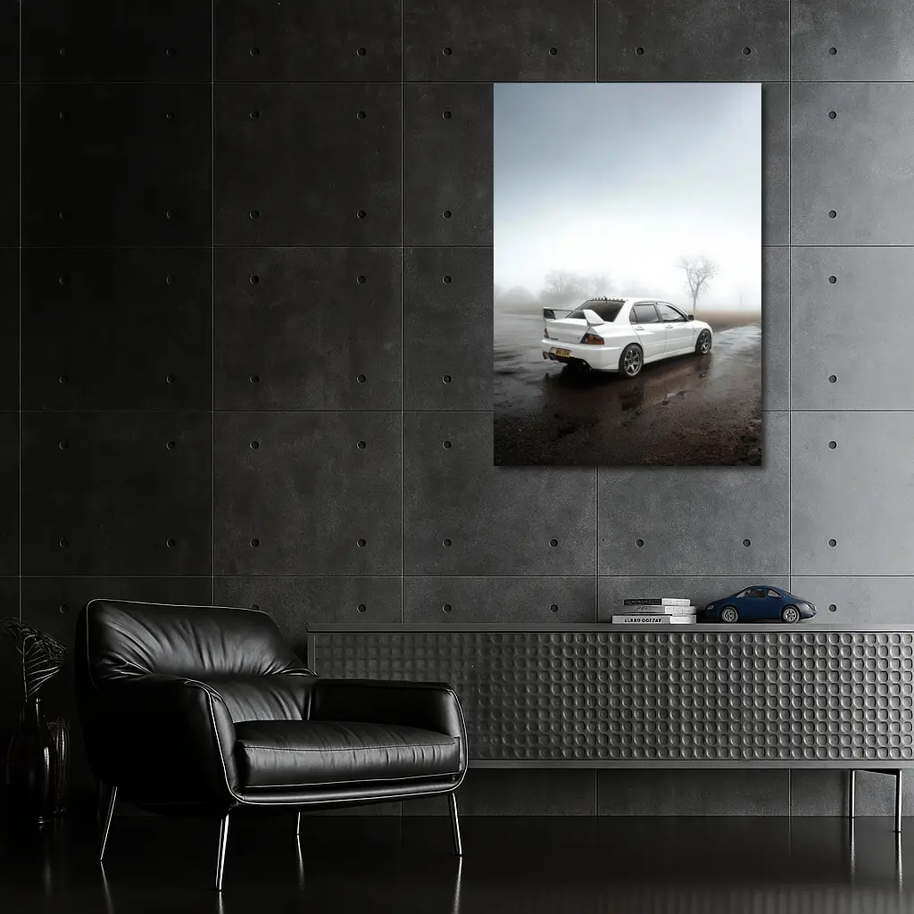 Mitsubishi Lancer Evolution White Foggy Day – Wall Art