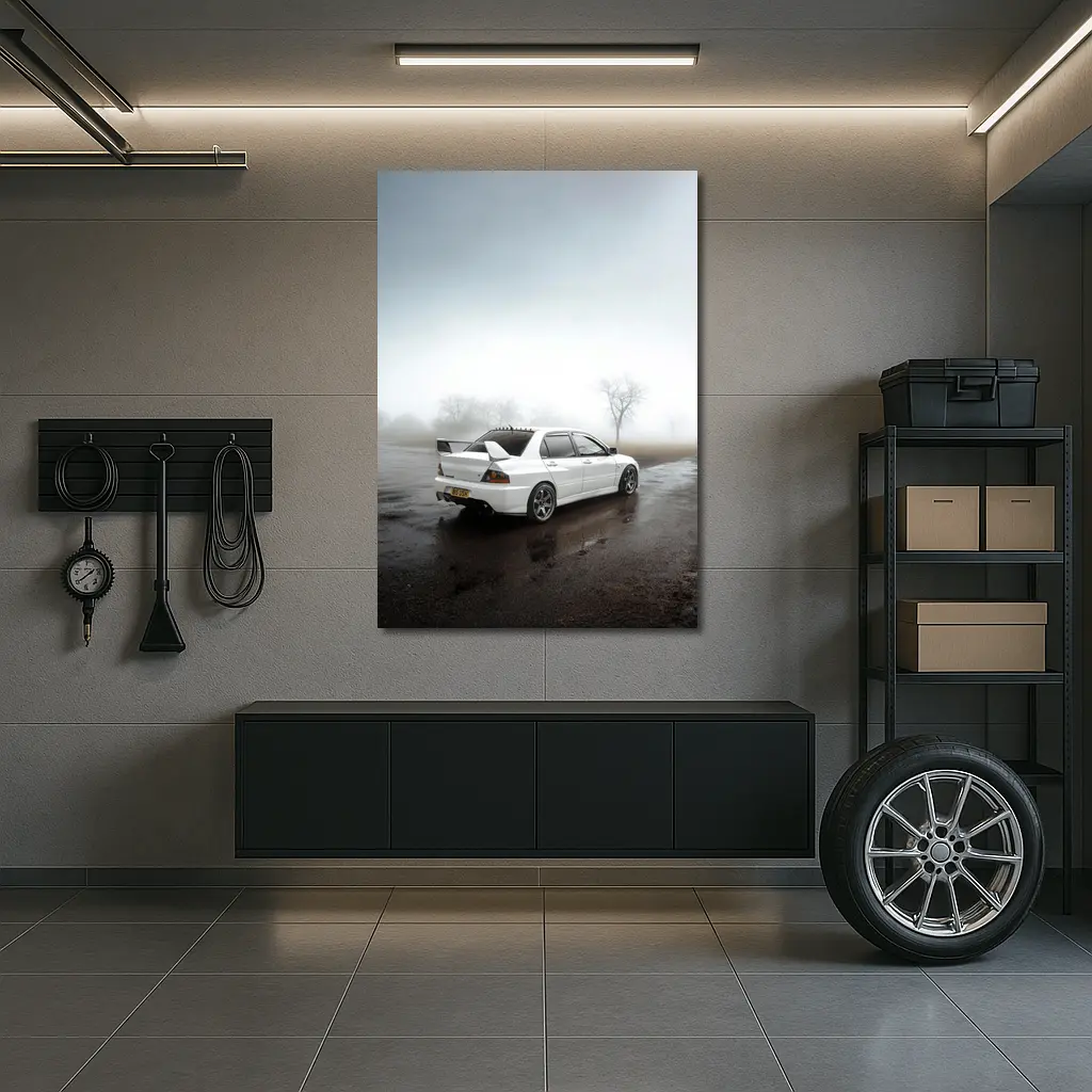 Mitsubishi Lancer Evolution White Foggy Day – Wall Art