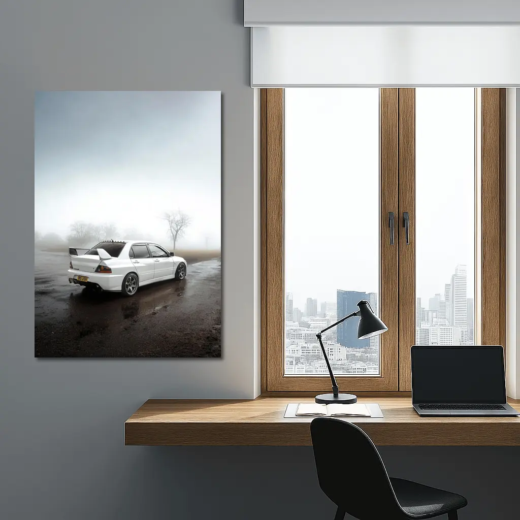 Mitsubishi Lancer Evolution White Foggy Day – Wall Art