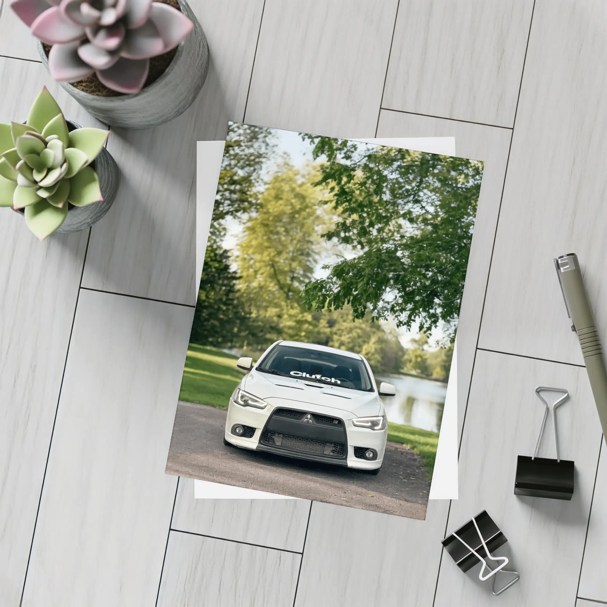Mitsubishi Lancer Evolution White Park Setting – Postcards