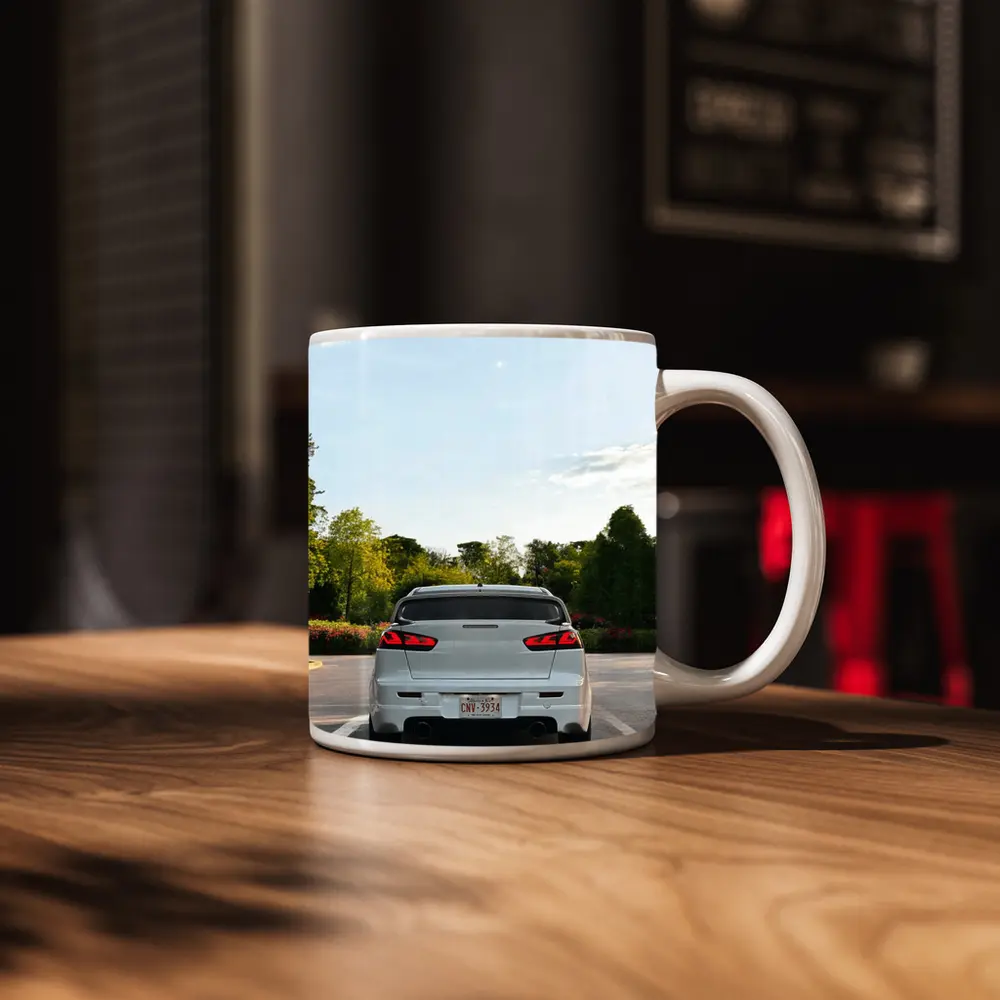 Mitsubishi Lancer Evolution White Parking Lot Trees – Mugs