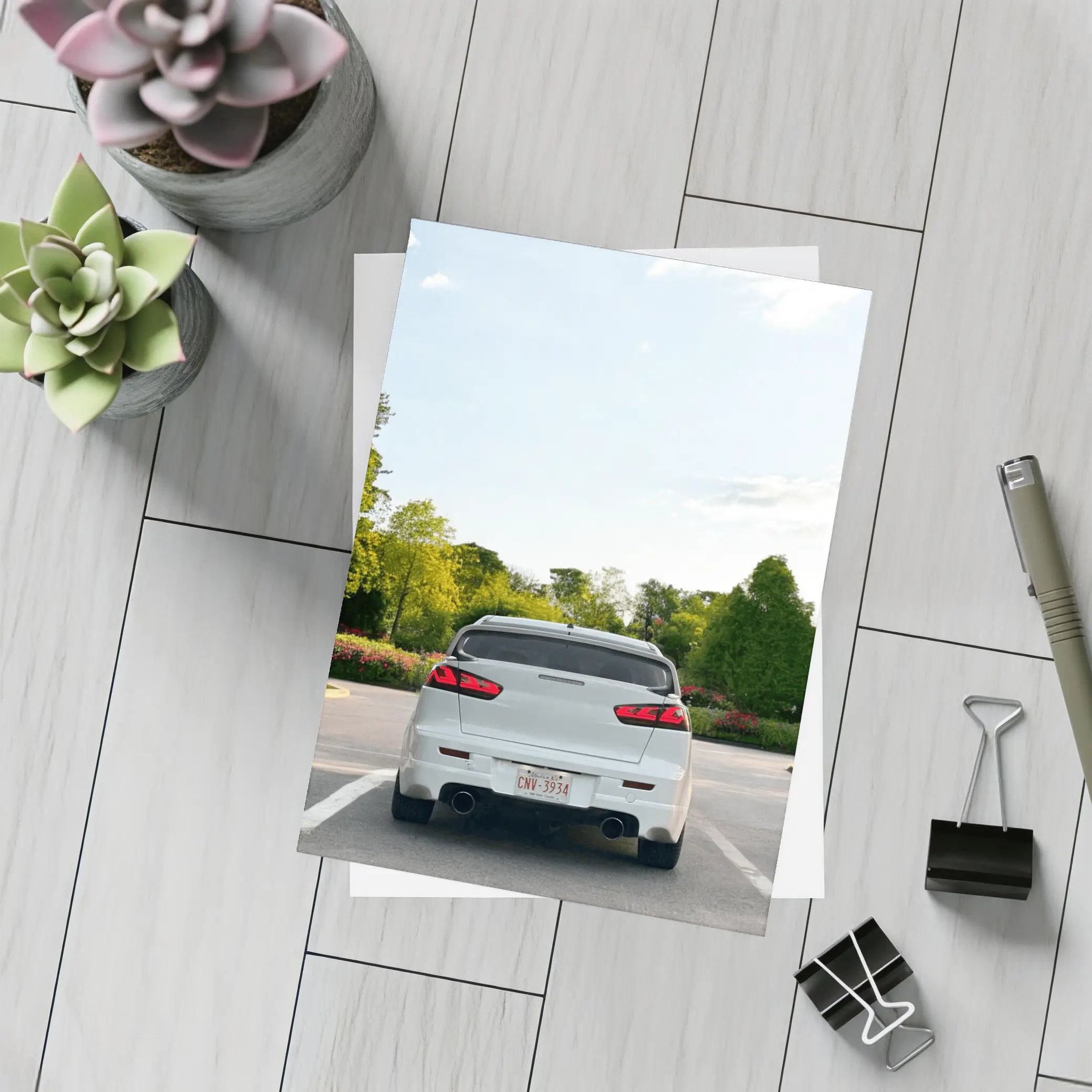 Mitsubishi Lancer Evolution White Parking Lot Trees – Postcards