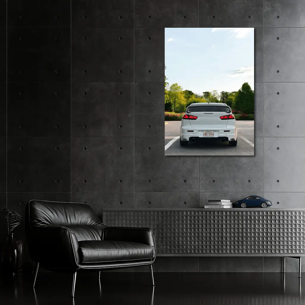 Mitsubishi Lancer Evolution White Parking Lot Trees – Wall Art