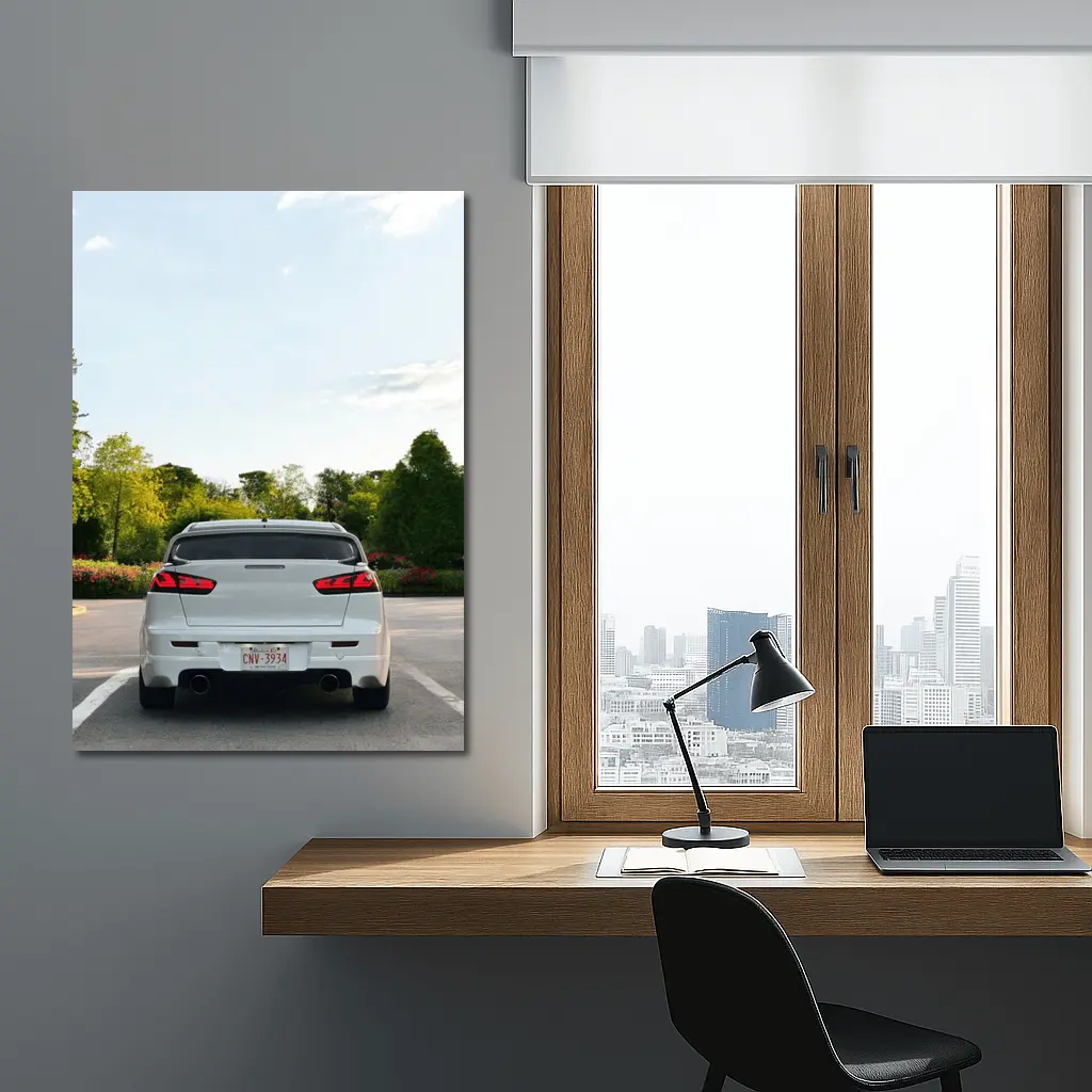 Mitsubishi Lancer Evolution White Parking Lot Trees – Wall Art