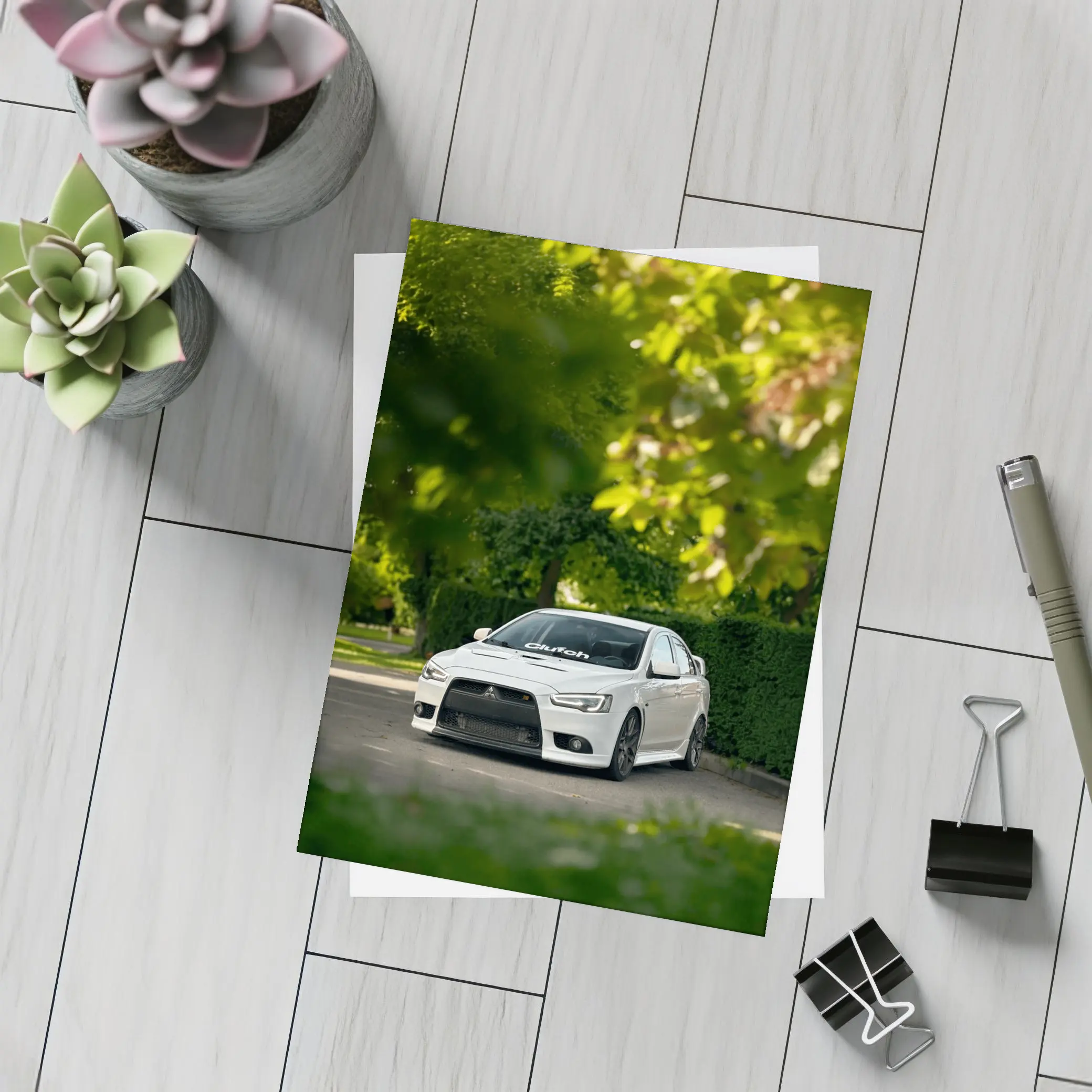 Mitsubishi Lancer Evolution White Tree Background – Postcards