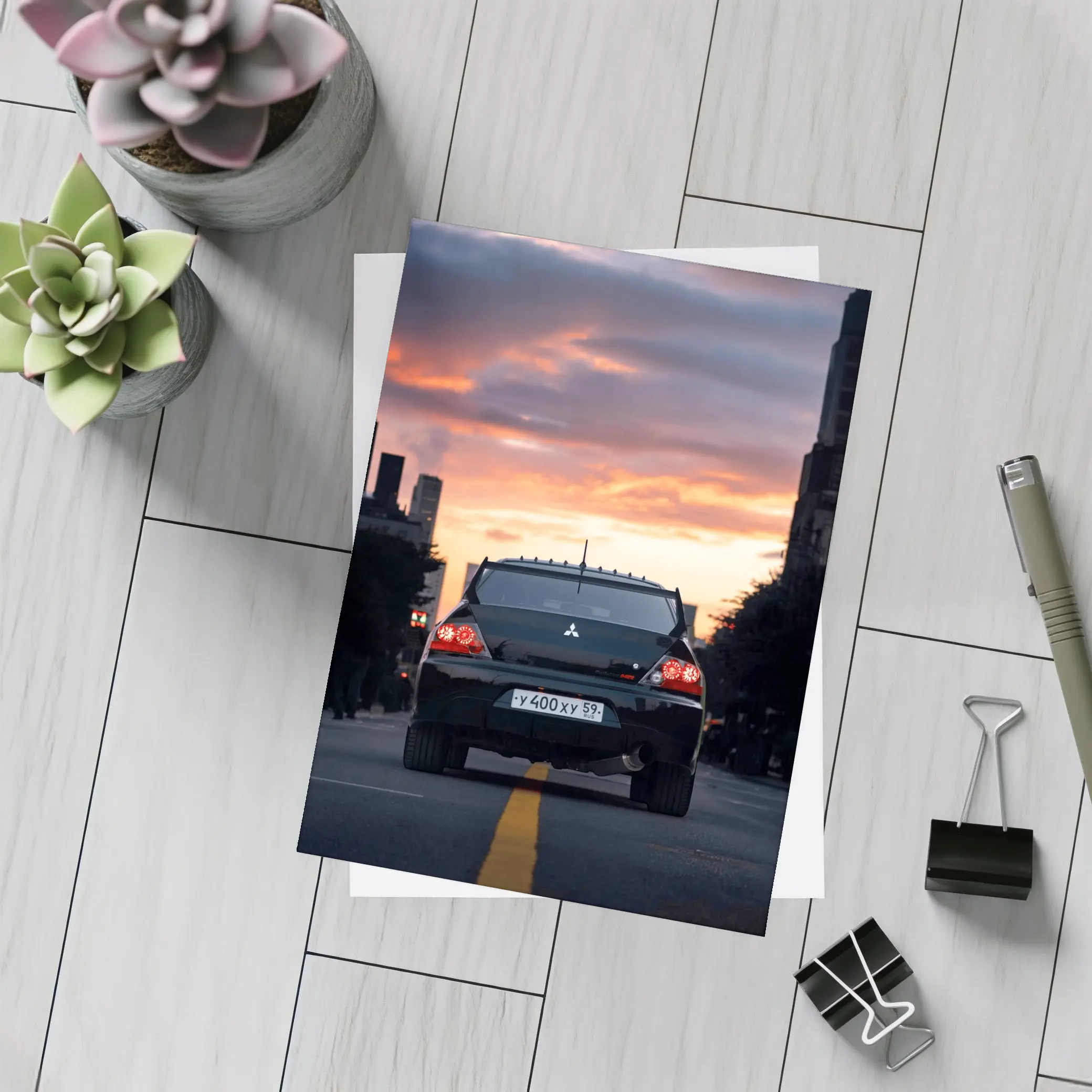 Mitsubishi Lancer Rear City Sunset Street – Postcards
