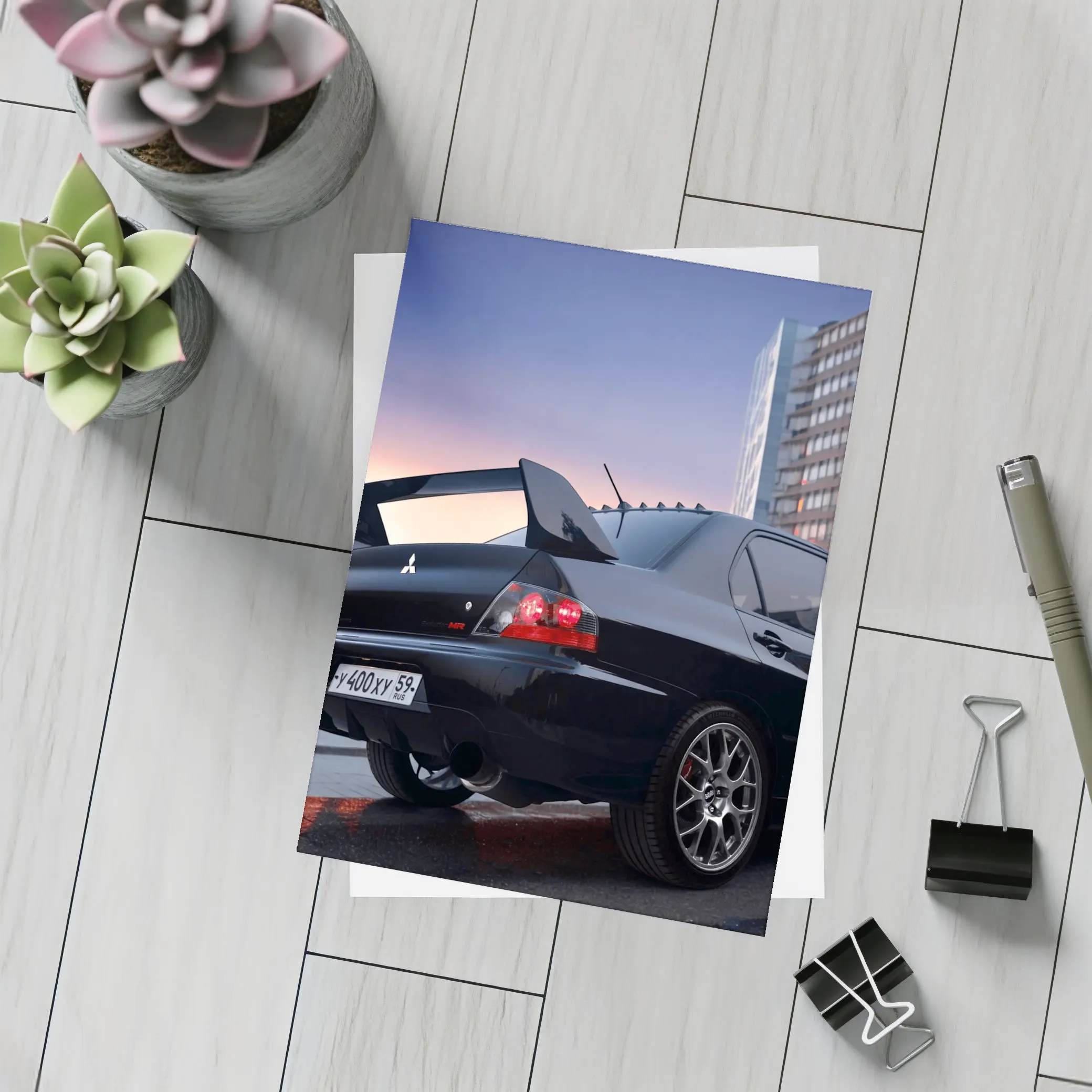 Mitsubishi Lancer Evolution Black City Sunset – Postcards
