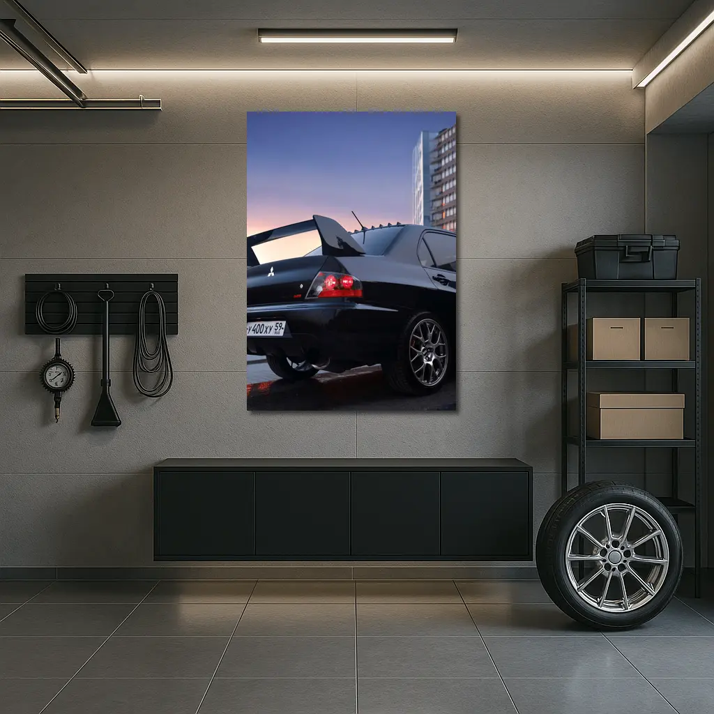 Mitsubishi Lancer Evolution Black City Sunset – Wall Art