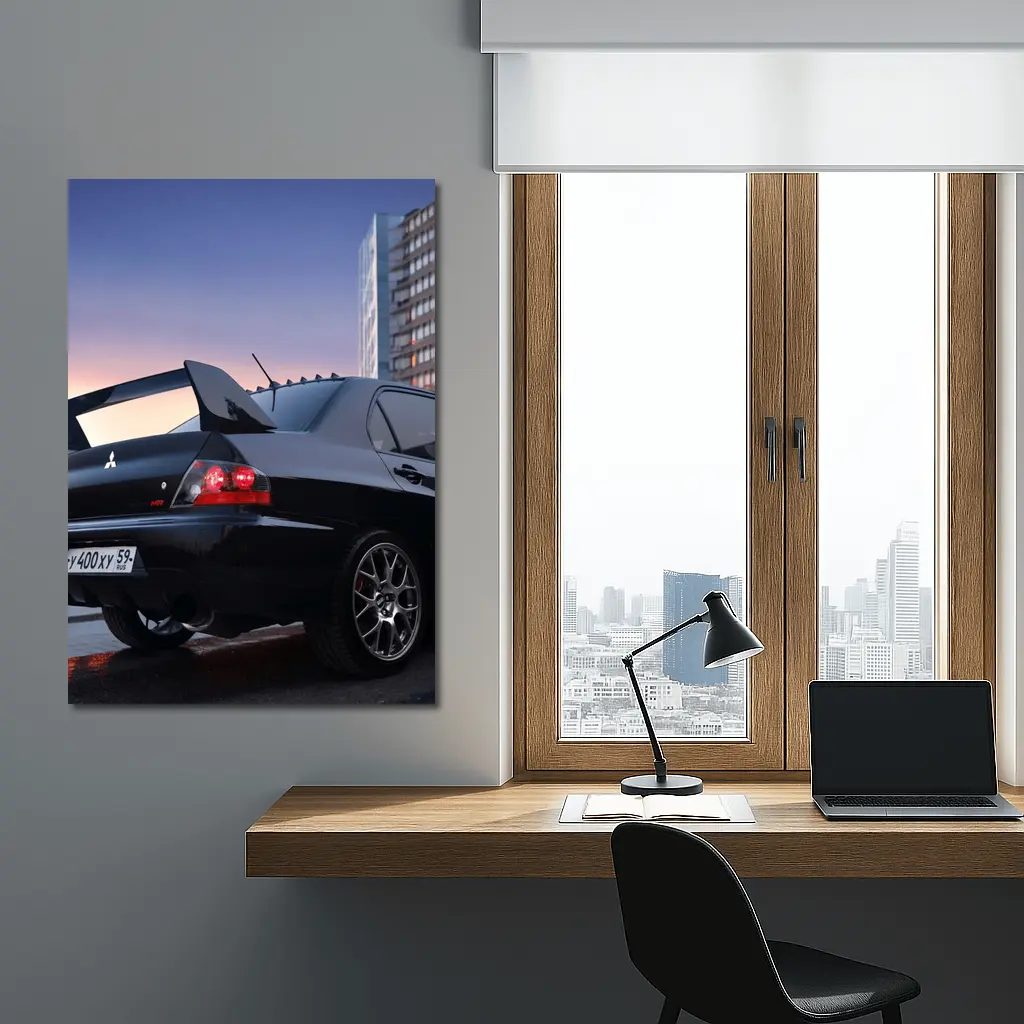 Mitsubishi Lancer Evolution Black City Sunset – Wall Art